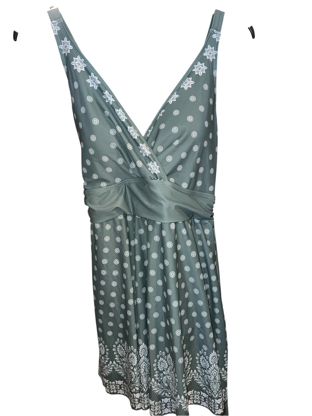 BloomChic Sage Green One-Piece Swimsuit with White Medallion Print
